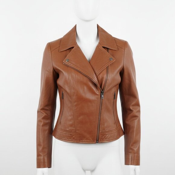 NWT Michael Kors Women's Brown Cropped Leather Moto Jacket - Picture 5 of 15